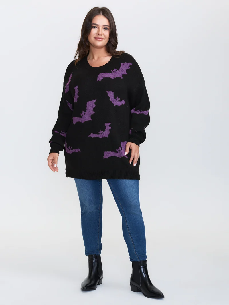 Bat Pattern Ribbed Neck Pullover