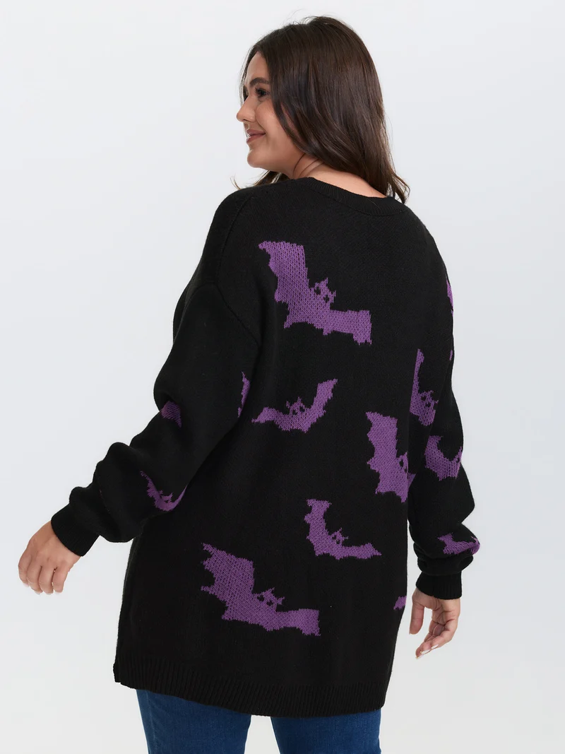 Bat Pattern Ribbed Neck Pullover
