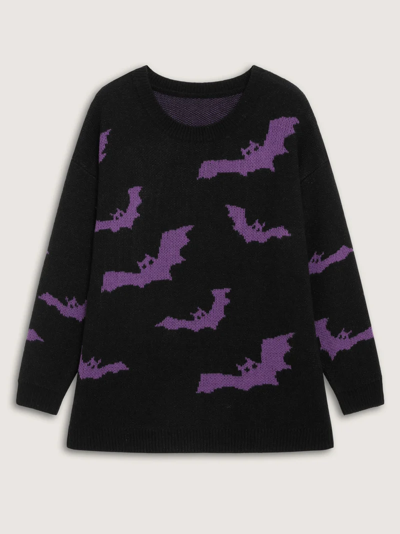 Bat Pattern Ribbed Neck Pullover
