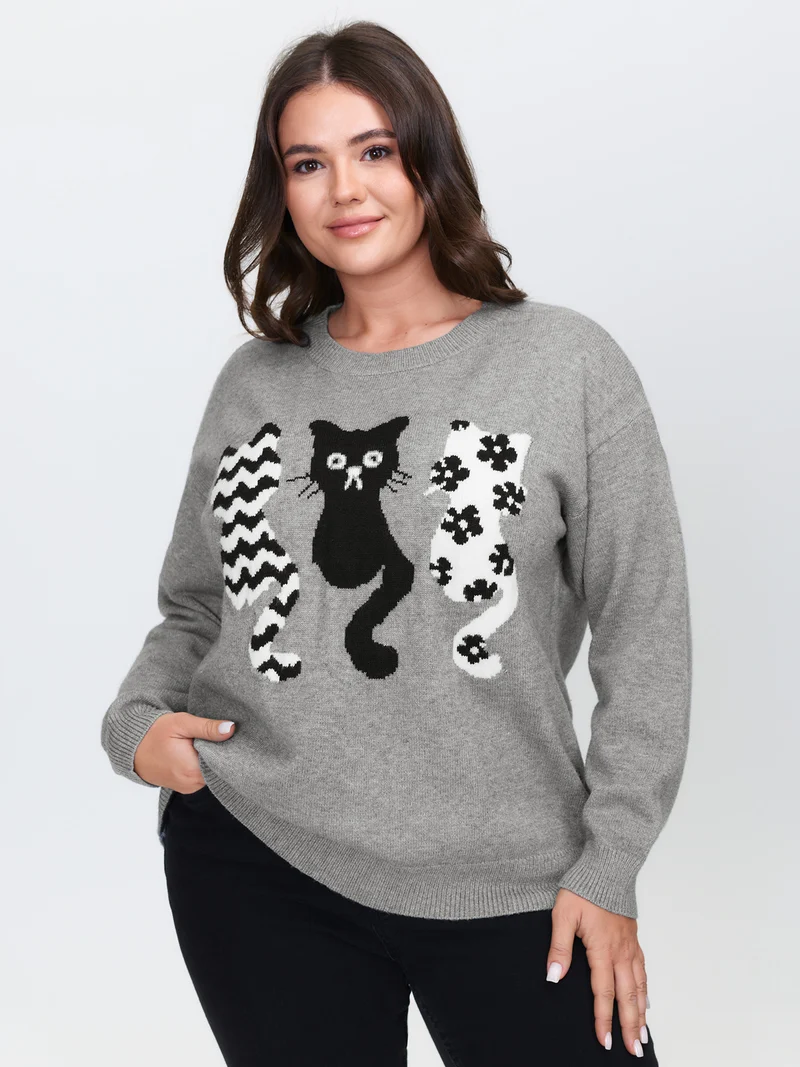 Spooky Cats Jacquard Pattern Pullover