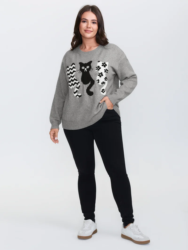 Spooky Cats Jacquard Pattern Pullover