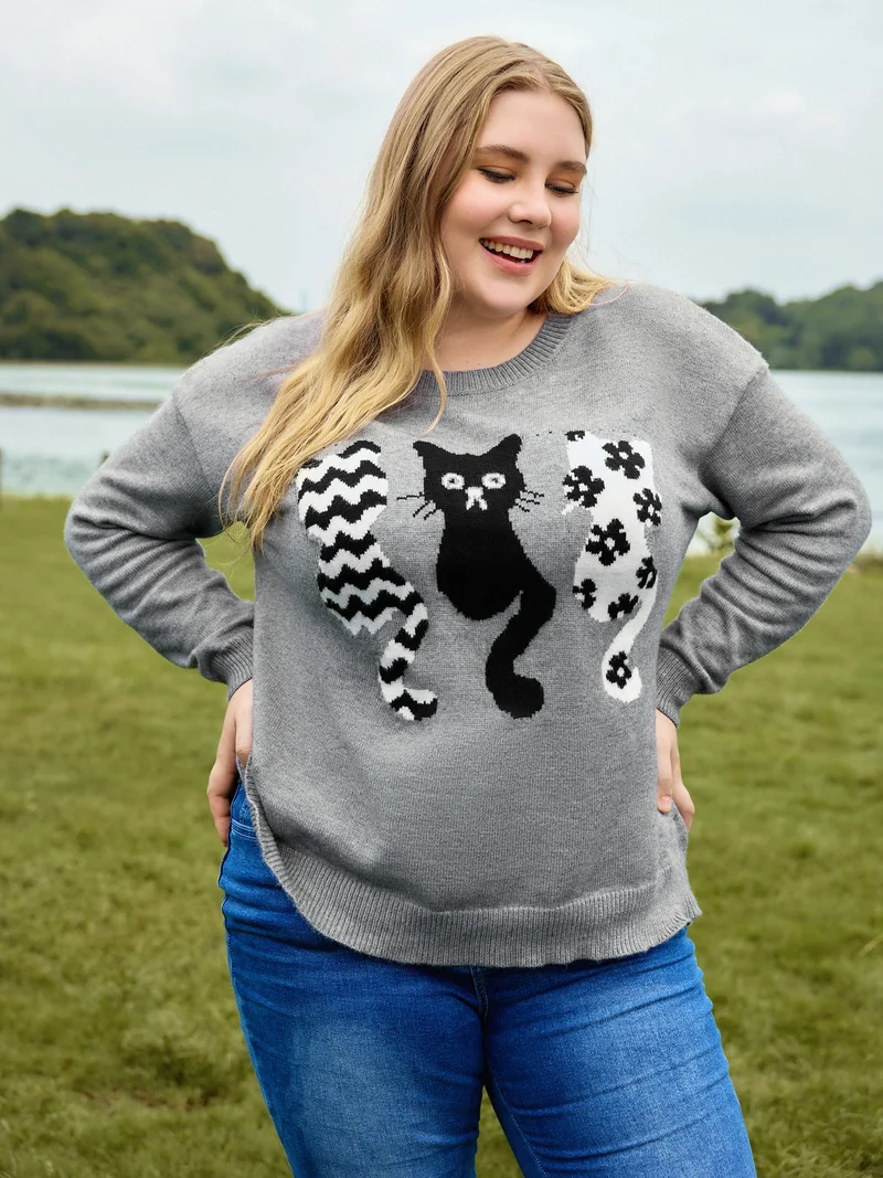 Spooky Cats Jacquard Pattern Pullover