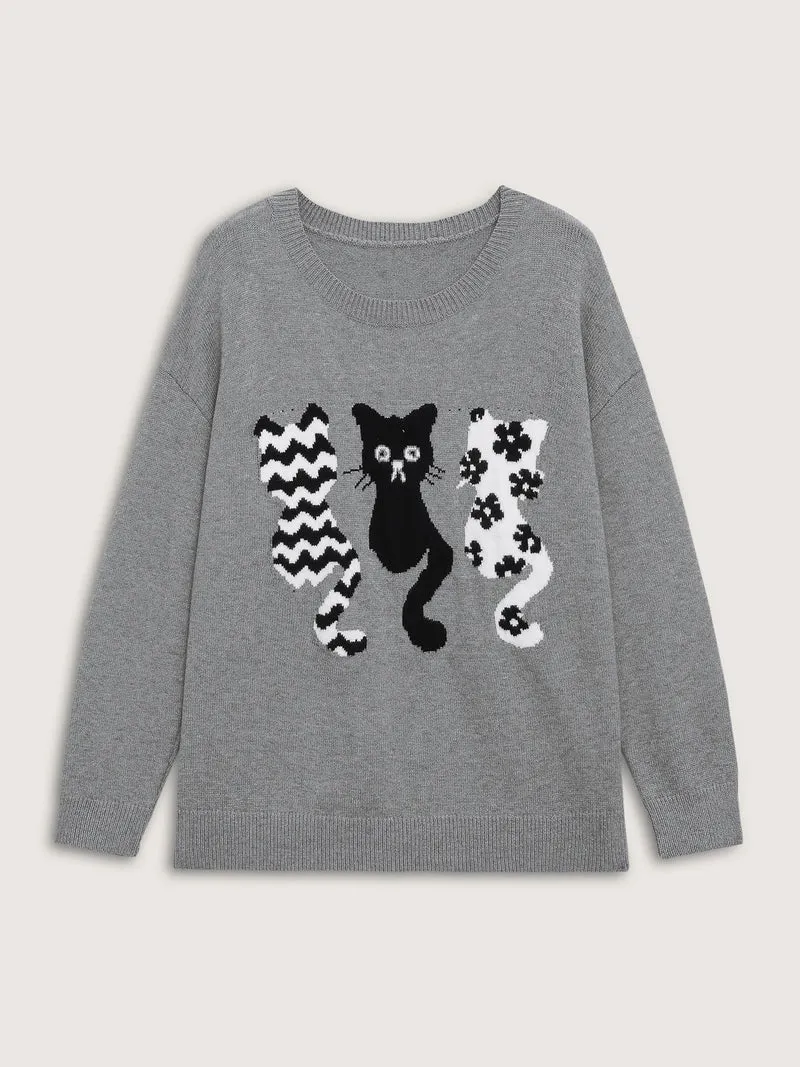 Spooky Cats Jacquard Pattern Pullover