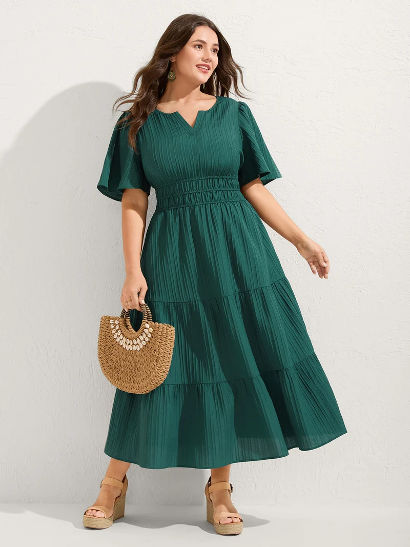 Textured Shirred Cinched Waist Midi Dress