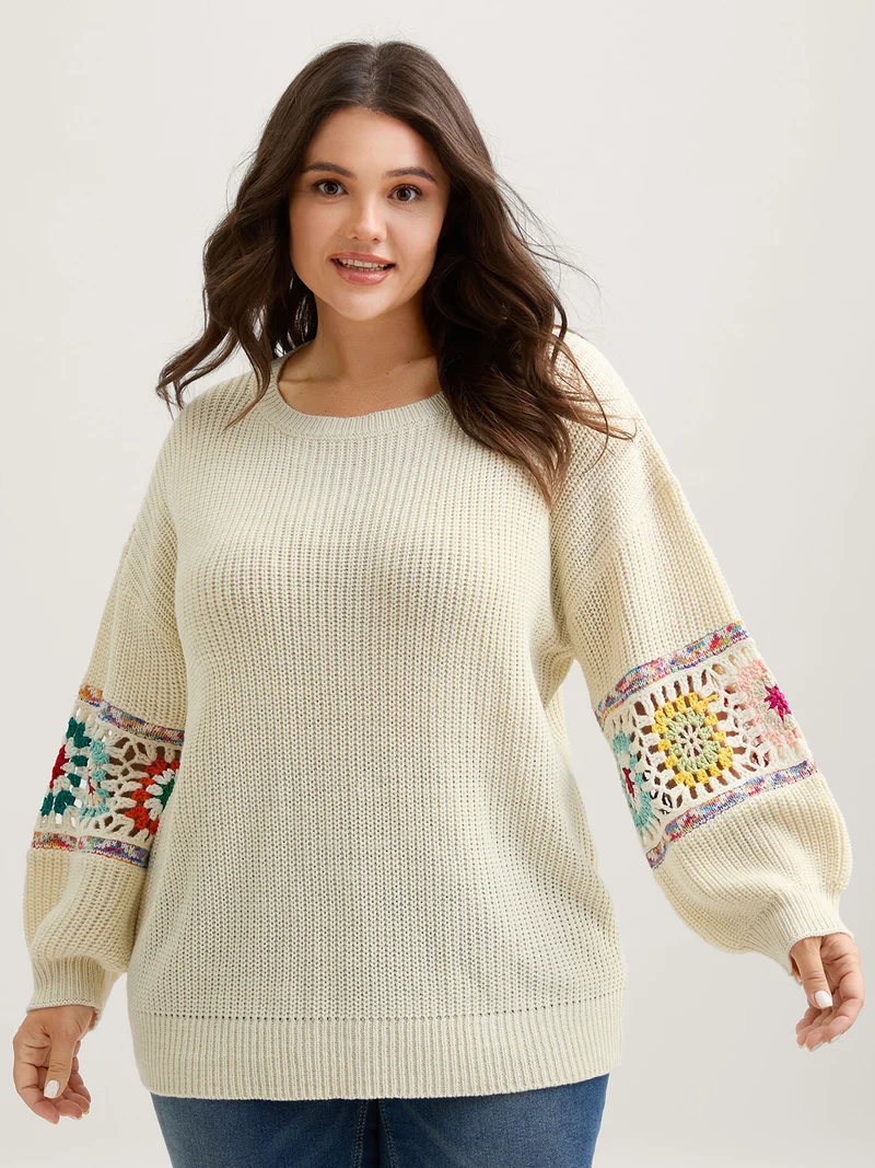 Crochet Floral Sleeve Lace Trim Pullover