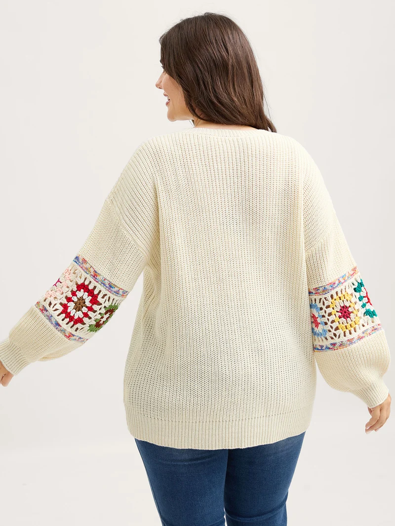 Crochet Floral Sleeve Lace Trim Pullover