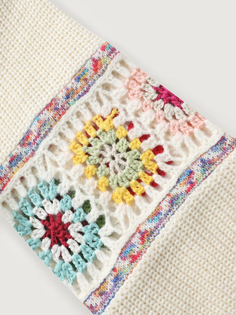 Crochet Floral Sleeve Lace Trim Pullover