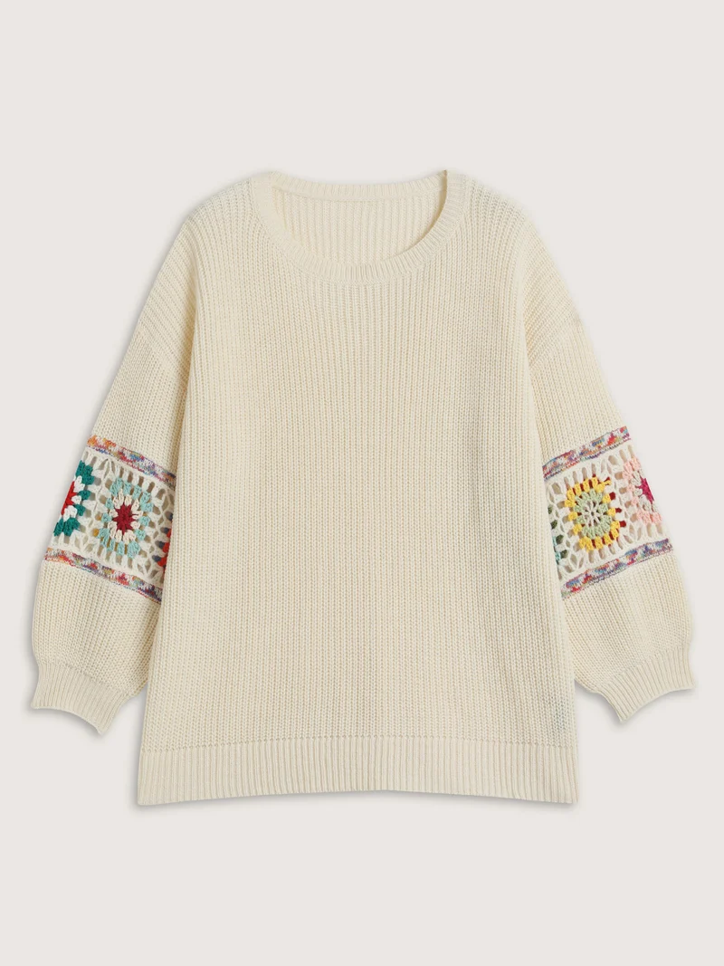 Crochet Floral Sleeve Lace Trim Pullover