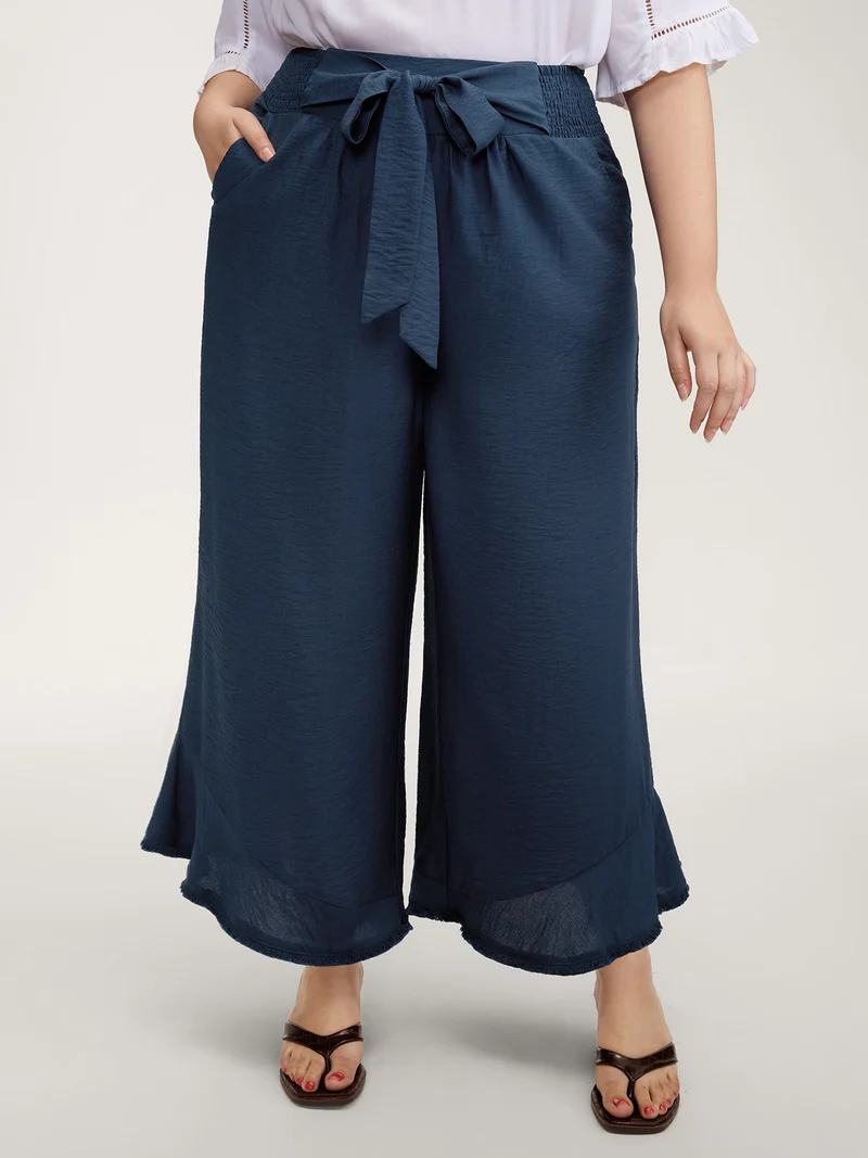 Waist-Tie Knotted Ruffled Wide-Leg Pants