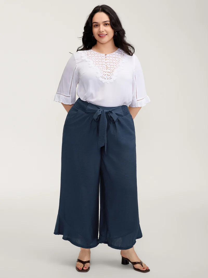 Waist-Tie Knotted Ruffled Wide-Leg Pants