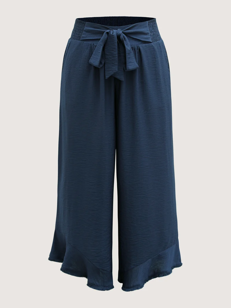 Waist-Tie Knotted Ruffled Wide-Leg Pants