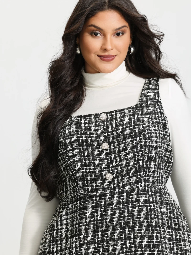 Tweed Woven Pattern Lined Button Midi Dress