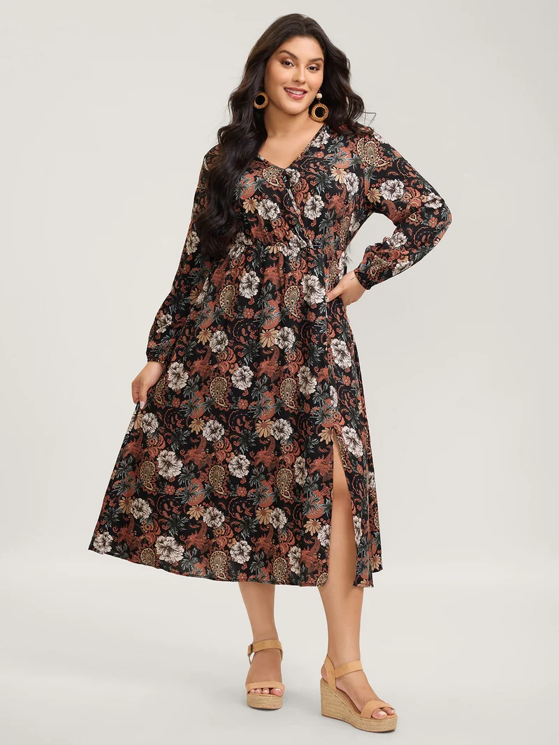 Fall Floral Print Surplice Neck Midi Dress