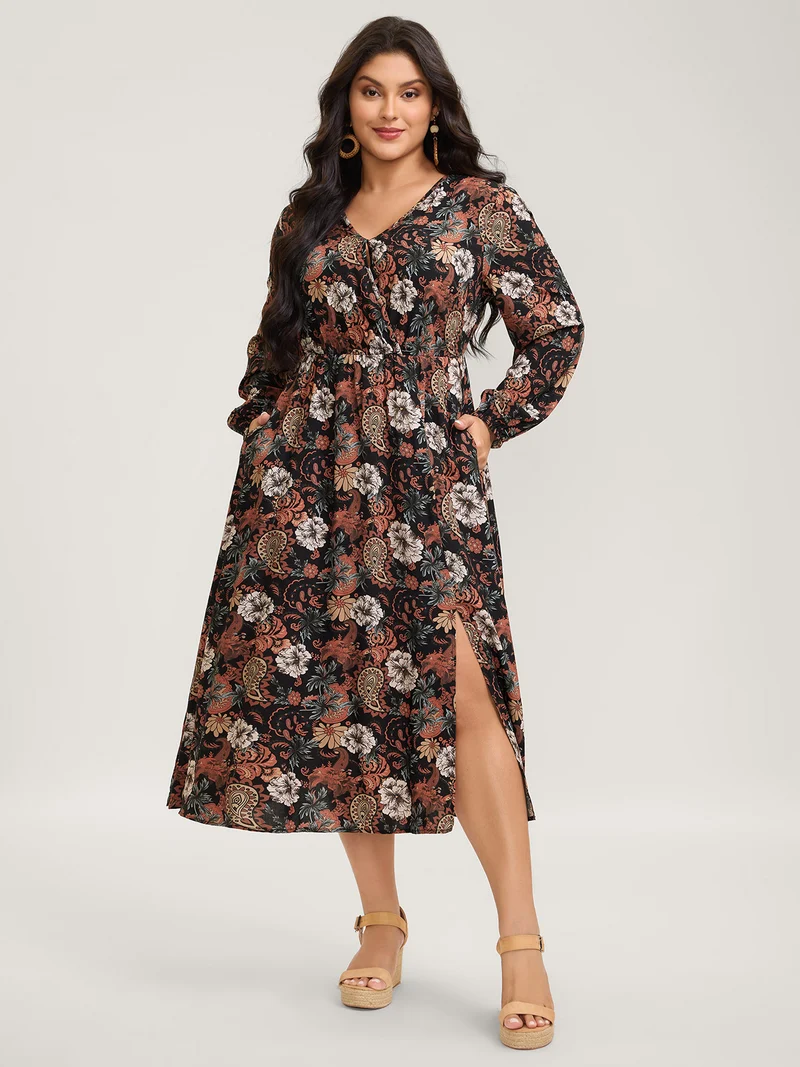 Fall Floral Print Surplice Neck Midi Dress
