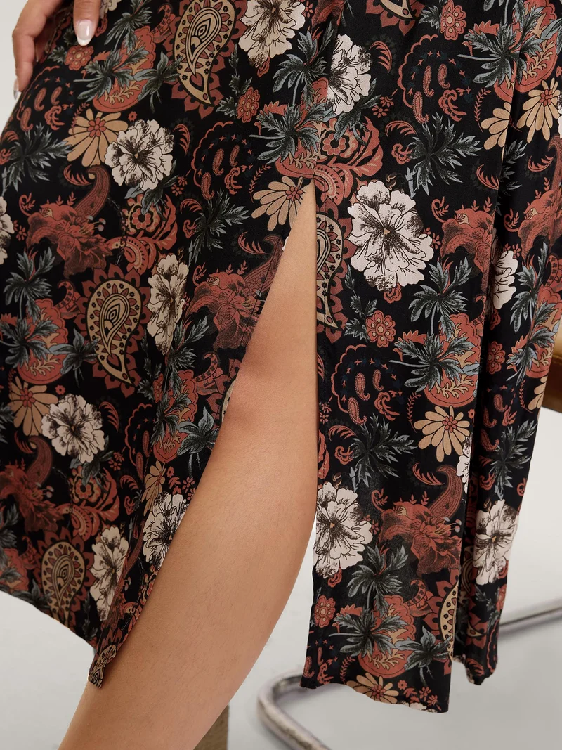 Fall Floral Print Surplice Neck Midi Dress