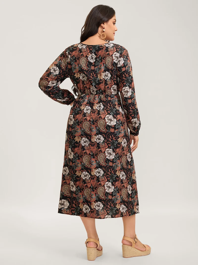 Fall Floral Print Surplice Neck Midi Dress