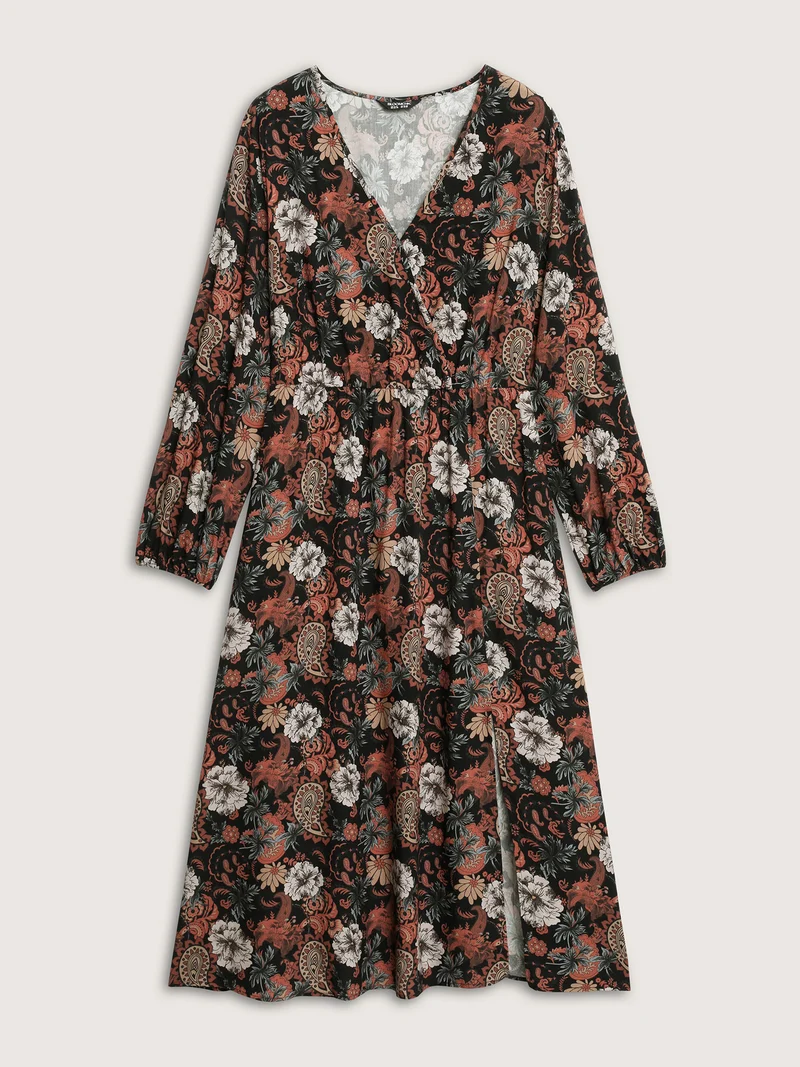 Fall Floral Print Surplice Neck Midi Dress