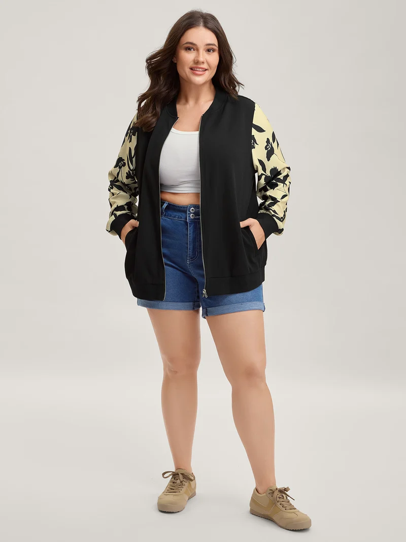 Silhouette Flower Print Zipper-Front Jacket