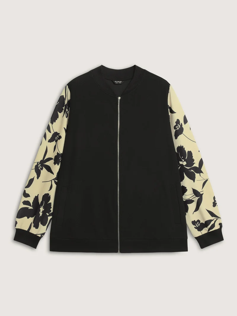 Silhouette Flower Print Zipper-Front Jacket