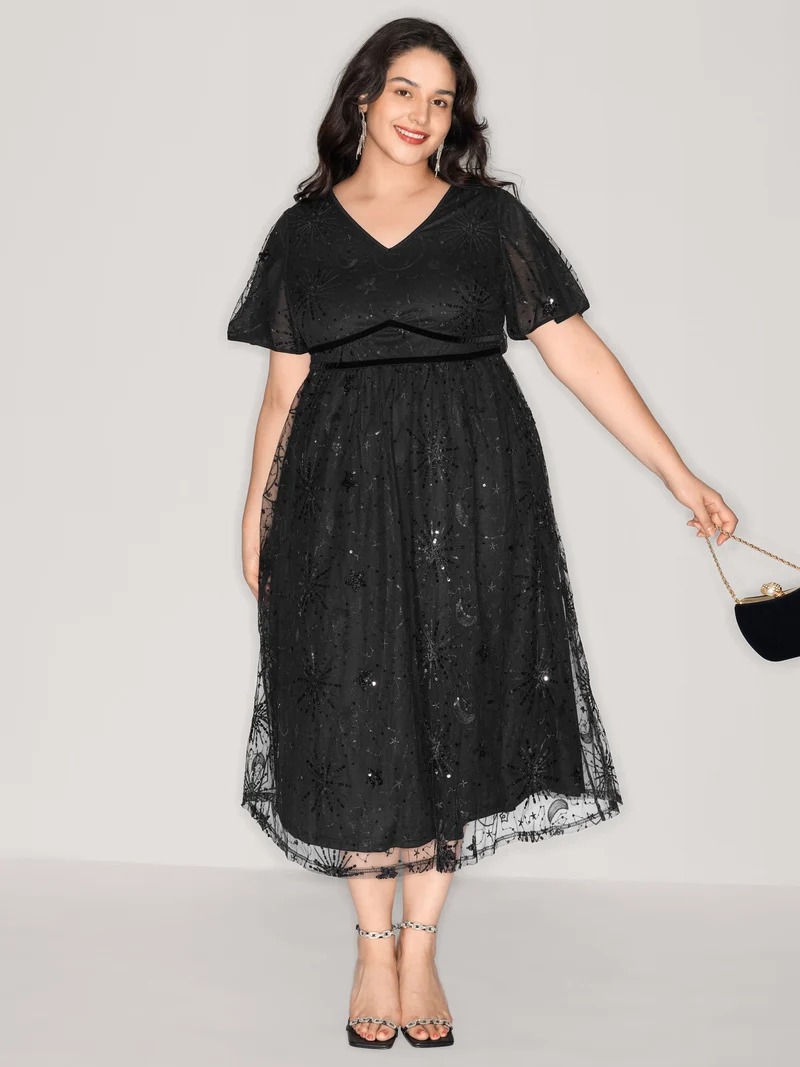 Sequin Embroidery Triangular Waist Maxi Dress