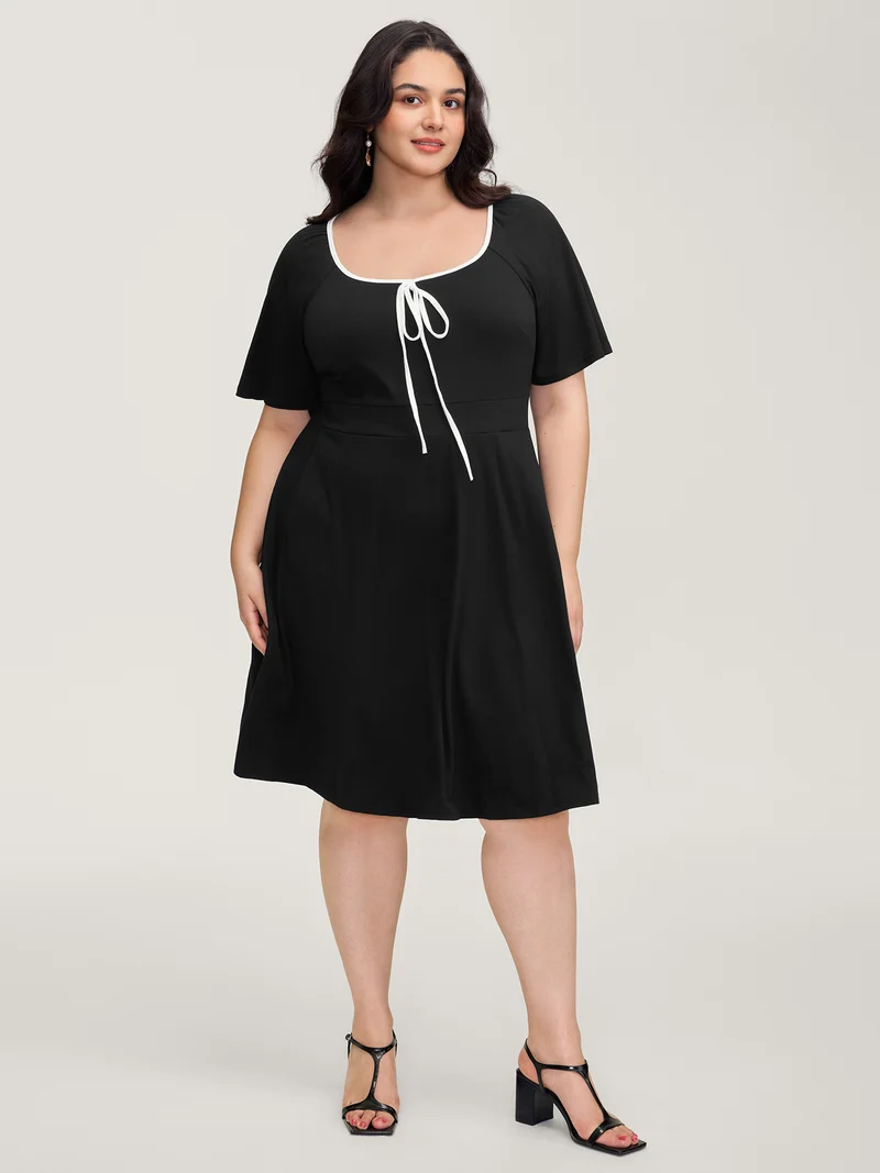 Neck Bow-Tie Contrast Pockets Midi Dress