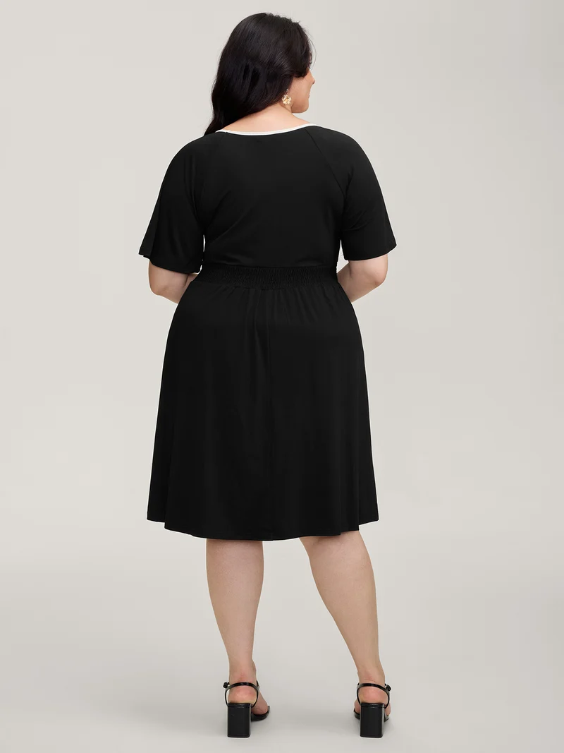 Neck Bow-Tie Contrast Pockets Midi Dress