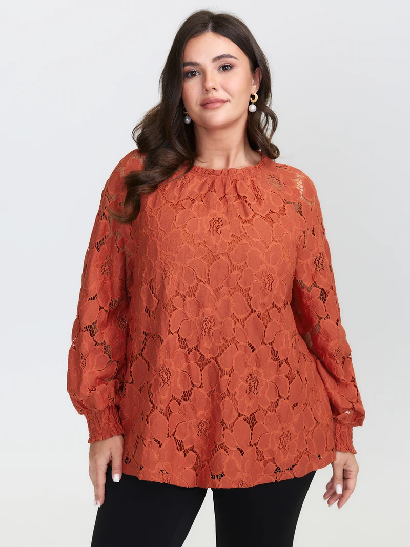Lace Ruffled Neckline Shirred Blouse
