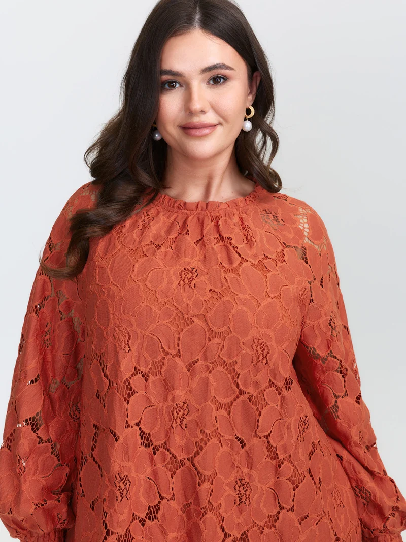 Lace Ruffled Neckline Shirred Blouse