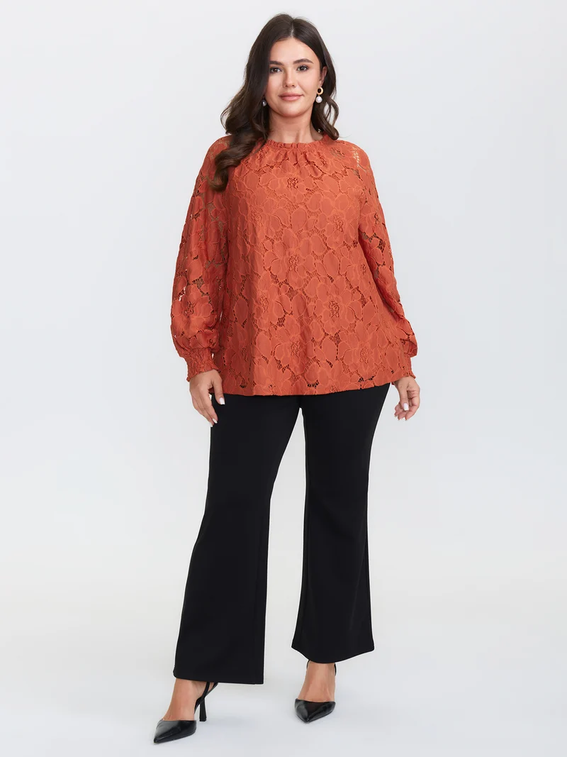 Lace Ruffled Neckline Shirred Blouse