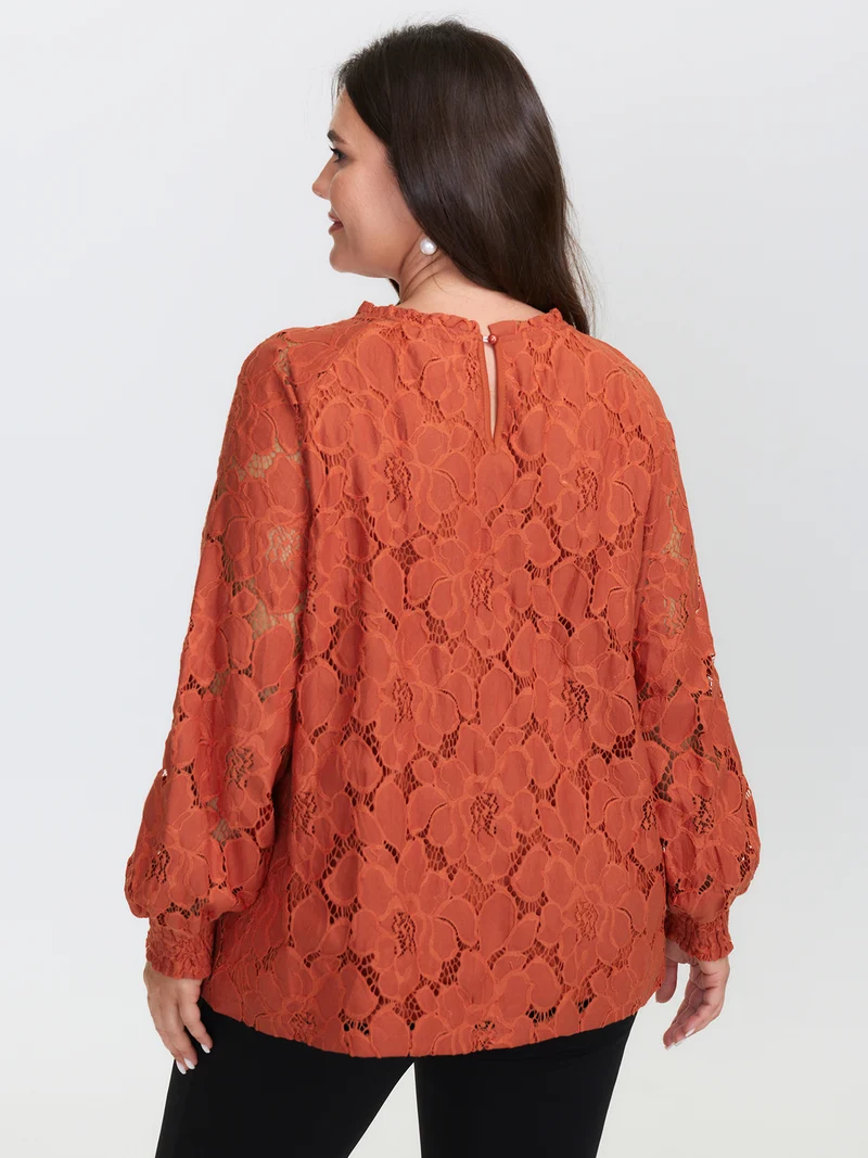 Lace Ruffled Neckline Shirred Blouse