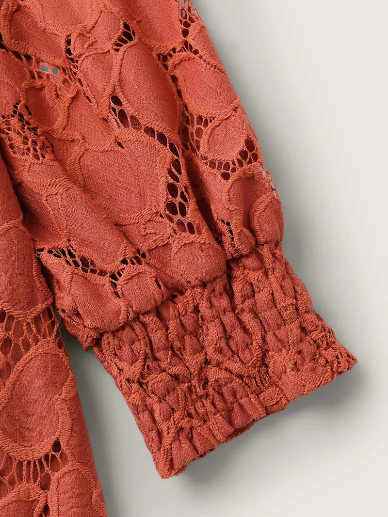 Lace Ruffled Neckline Shirred Blouse