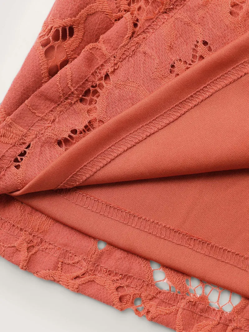 Lace Ruffled Neckline Shirred Blouse