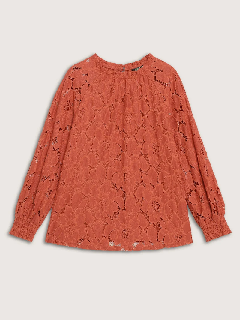 Lace Ruffled Neckline Shirred Blouse