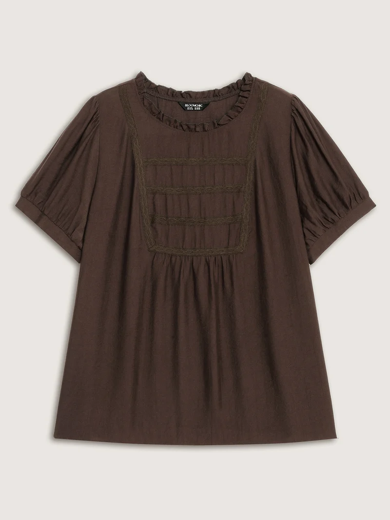Lace Trim Ruffled Neck Solid Blouse