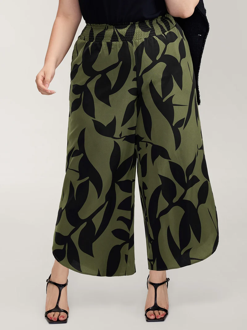 Leaf Print Shirred Wide Waistband Pants