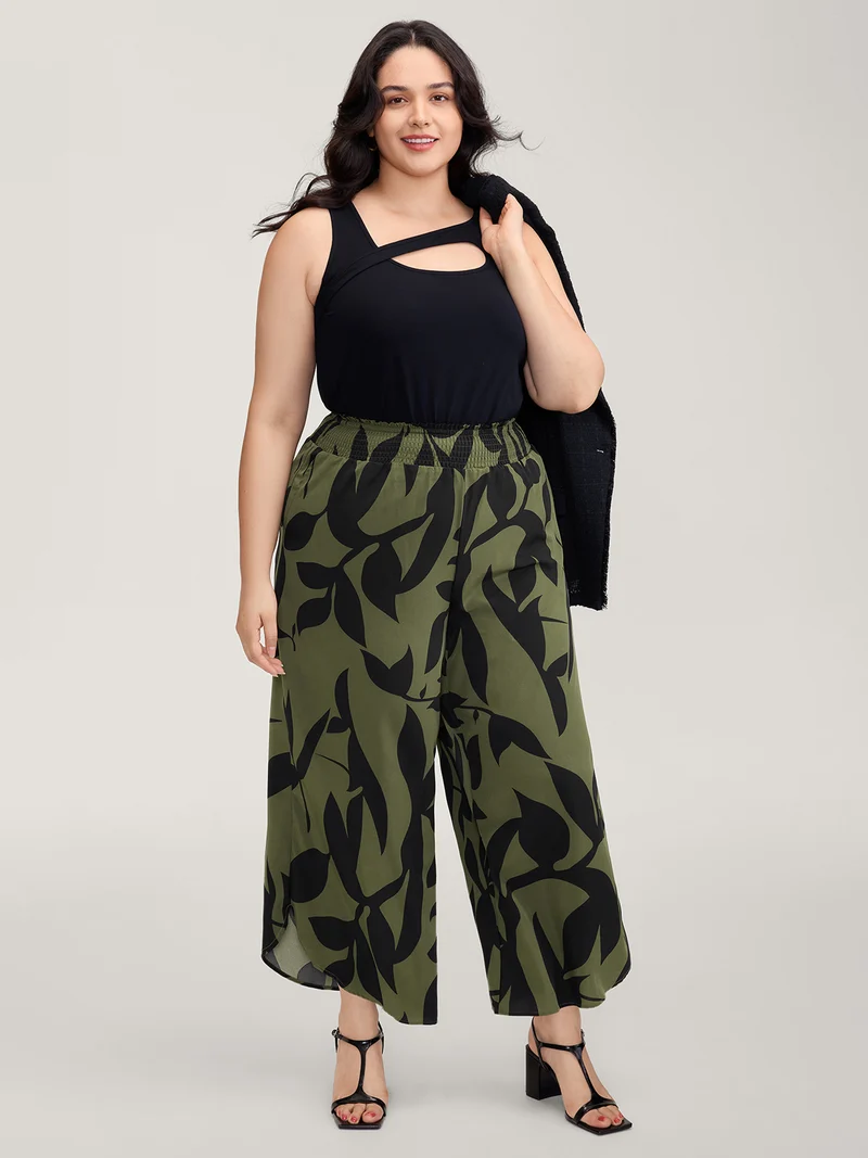 Leaf Print Shirred Wide Waistband Pants
