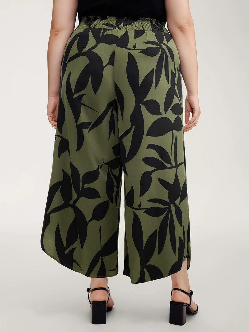 Leaf Print Shirred Wide Waistband Pants