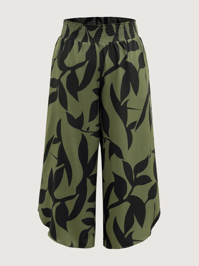 Leaf Print Shirred Wide Waistband Pants