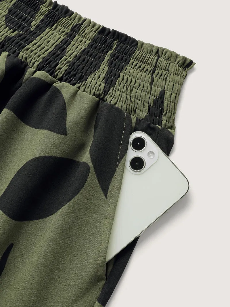 Leaf Print Shirred Wide Waistband Pants