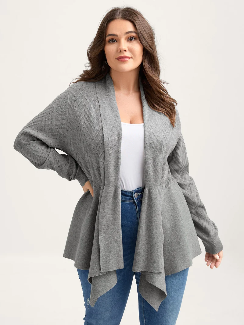 Folded Hem Textured Open-Front Cardigan