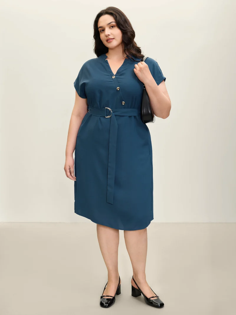 Wrap Style Button Detail Belted Midi Dress
