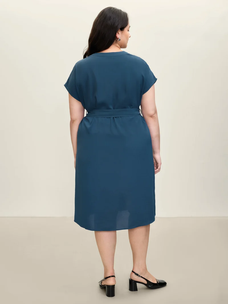 Wrap Style Button Detail Belted Midi Dress