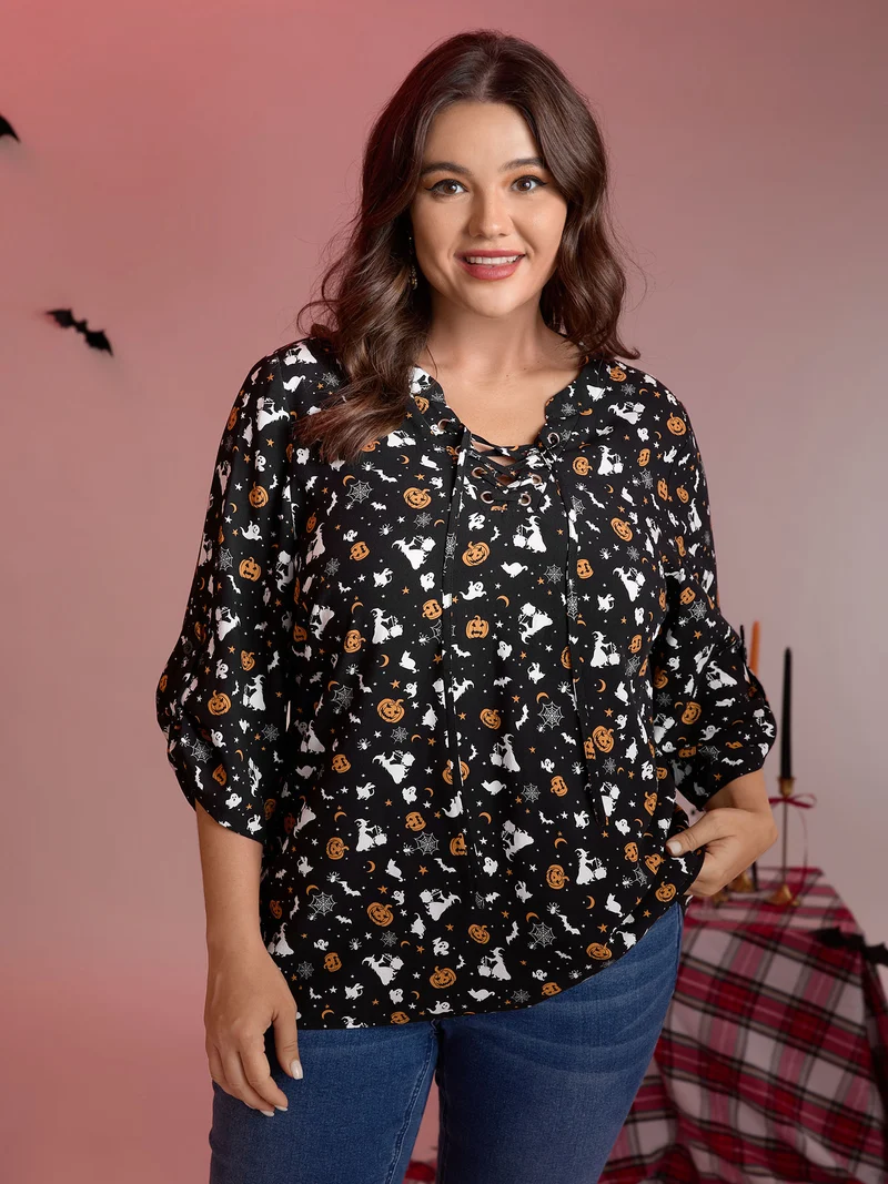 Rayon Halloween Print Neck Tie-Up Blouse