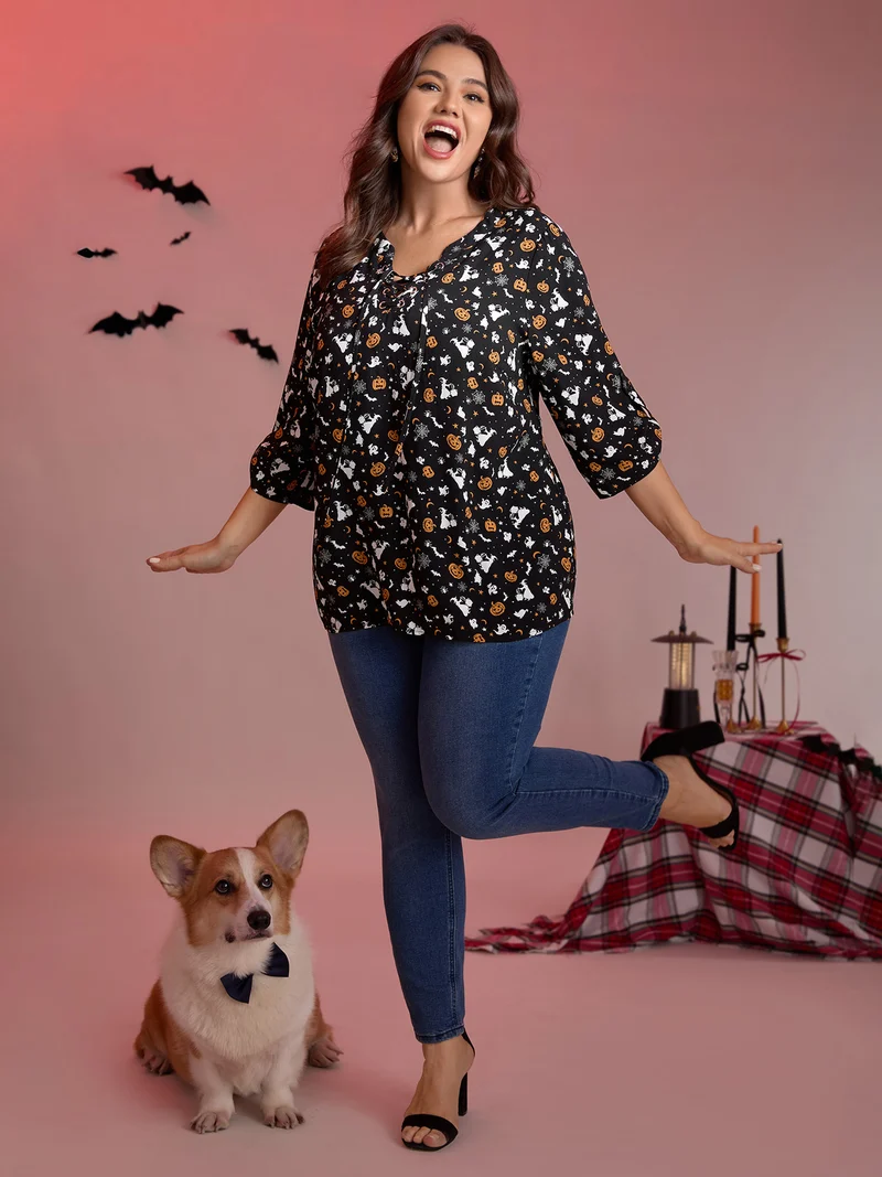 Rayon Halloween Print Neck Tie-Up Blouse