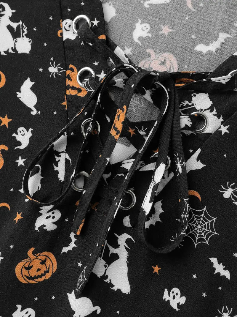 Rayon Halloween Print Neck Tie-Up Blouse