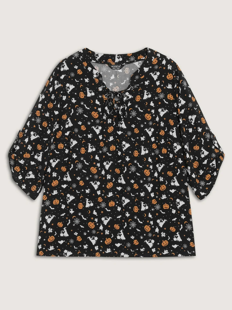 Rayon Halloween Print Neck Tie-Up Blouse