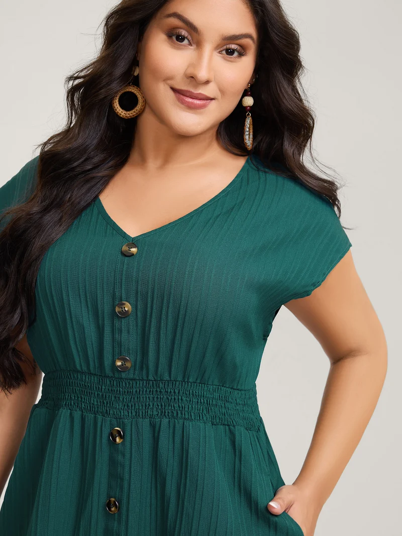 Textured Shirred Waist Button Midi Dress