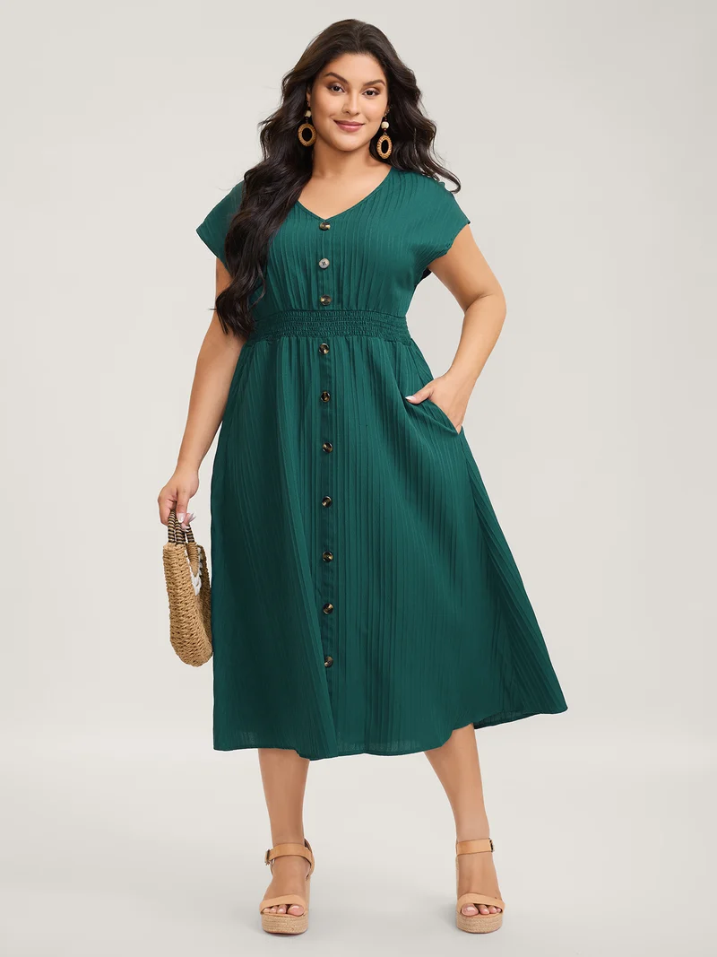 Textured Shirred Waist Button Midi Dress