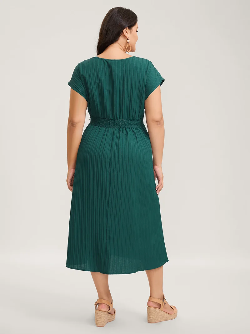 Textured Shirred Waist Button Midi Dress