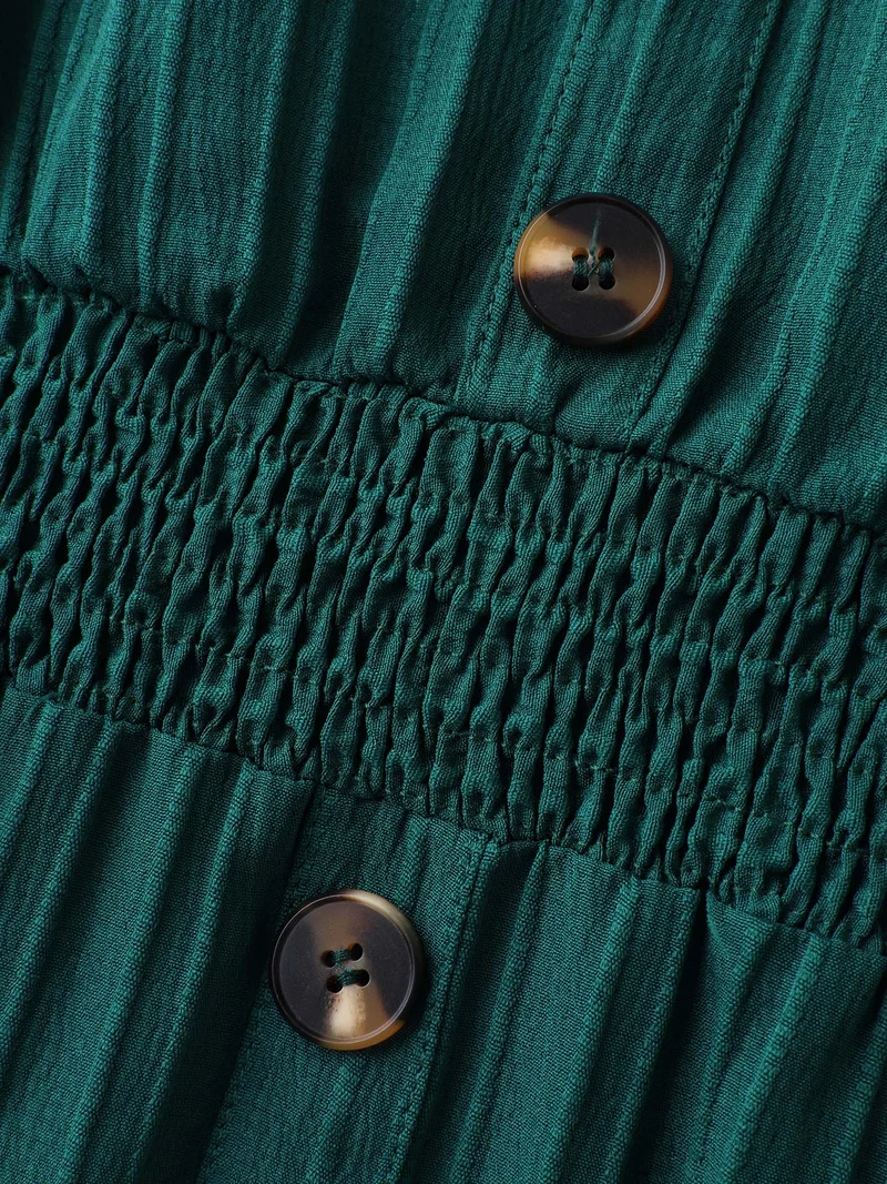 Textured Shirred Waist Button Midi Dress
